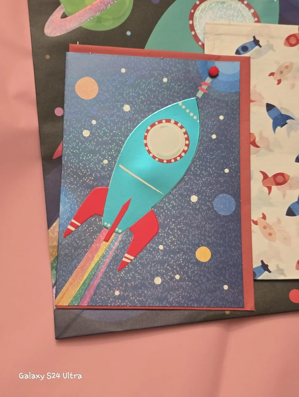 3 Piece Gift Wrap: Blank Card, Gift Bag, & Tissue Paper NEW Space Ship Design